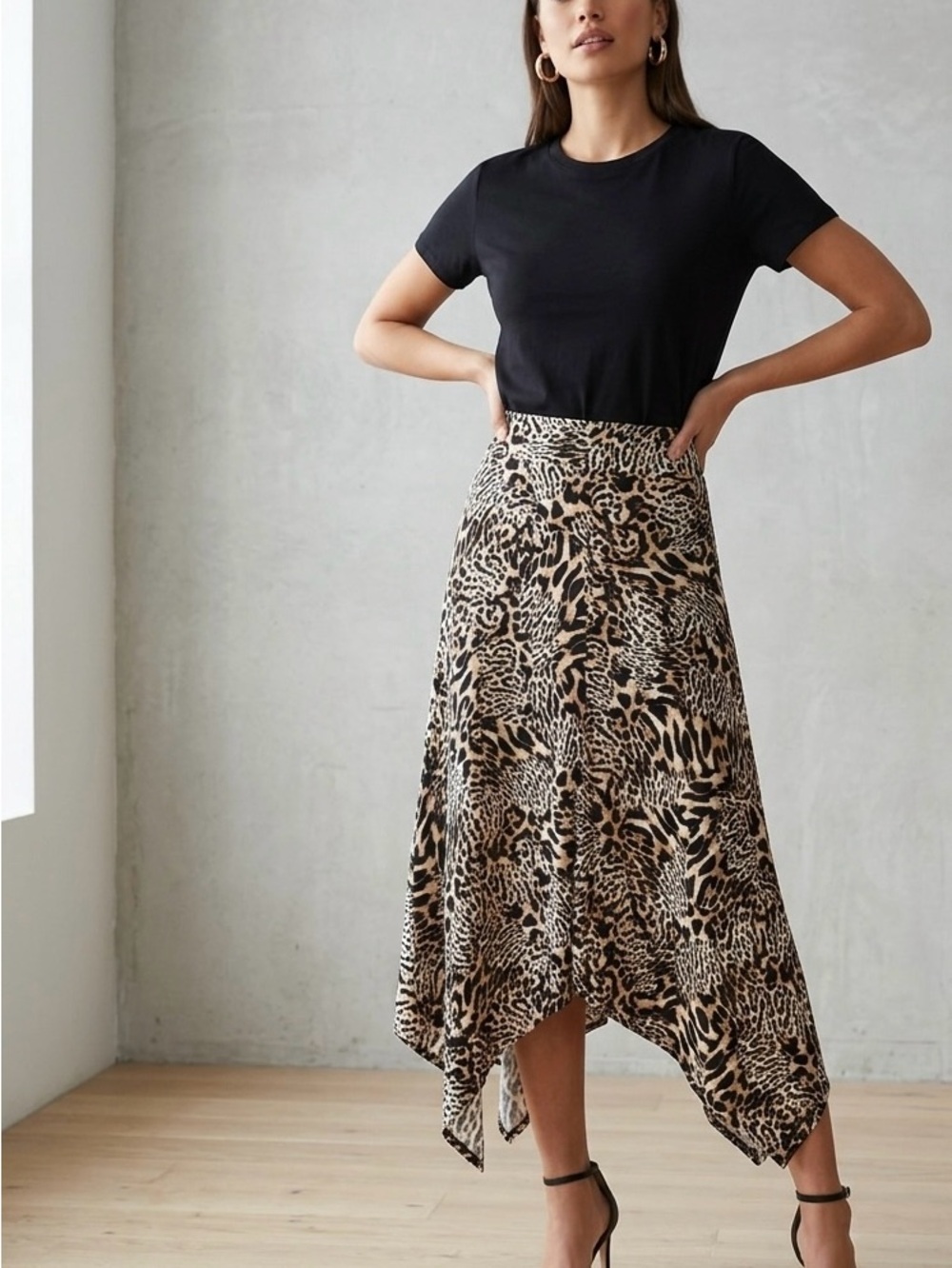 Calvin Klein Black Tee with Leopard-Print Asymmetrical Skirt